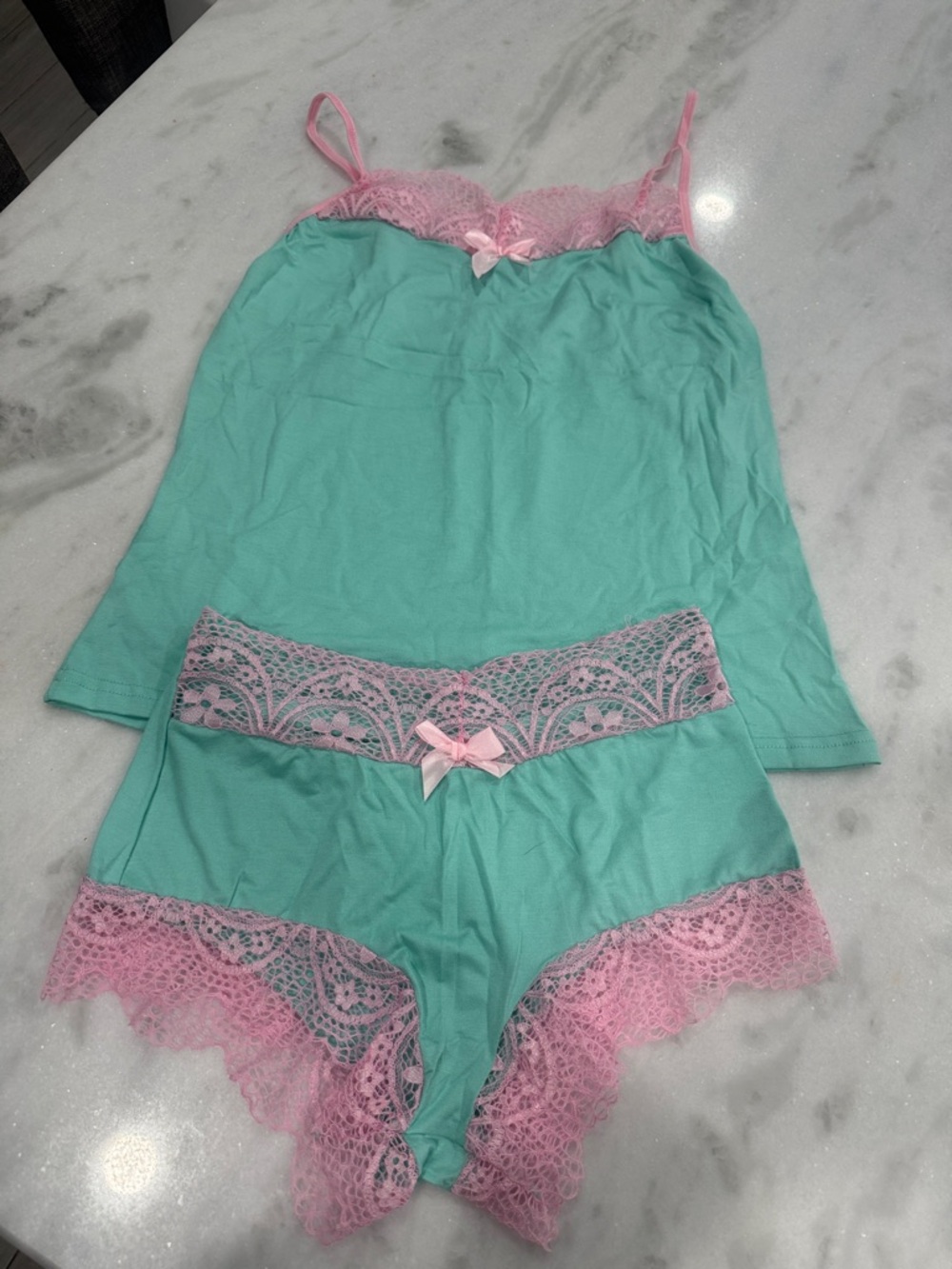 Women's Mint & Pink Lace Trim PJ Set